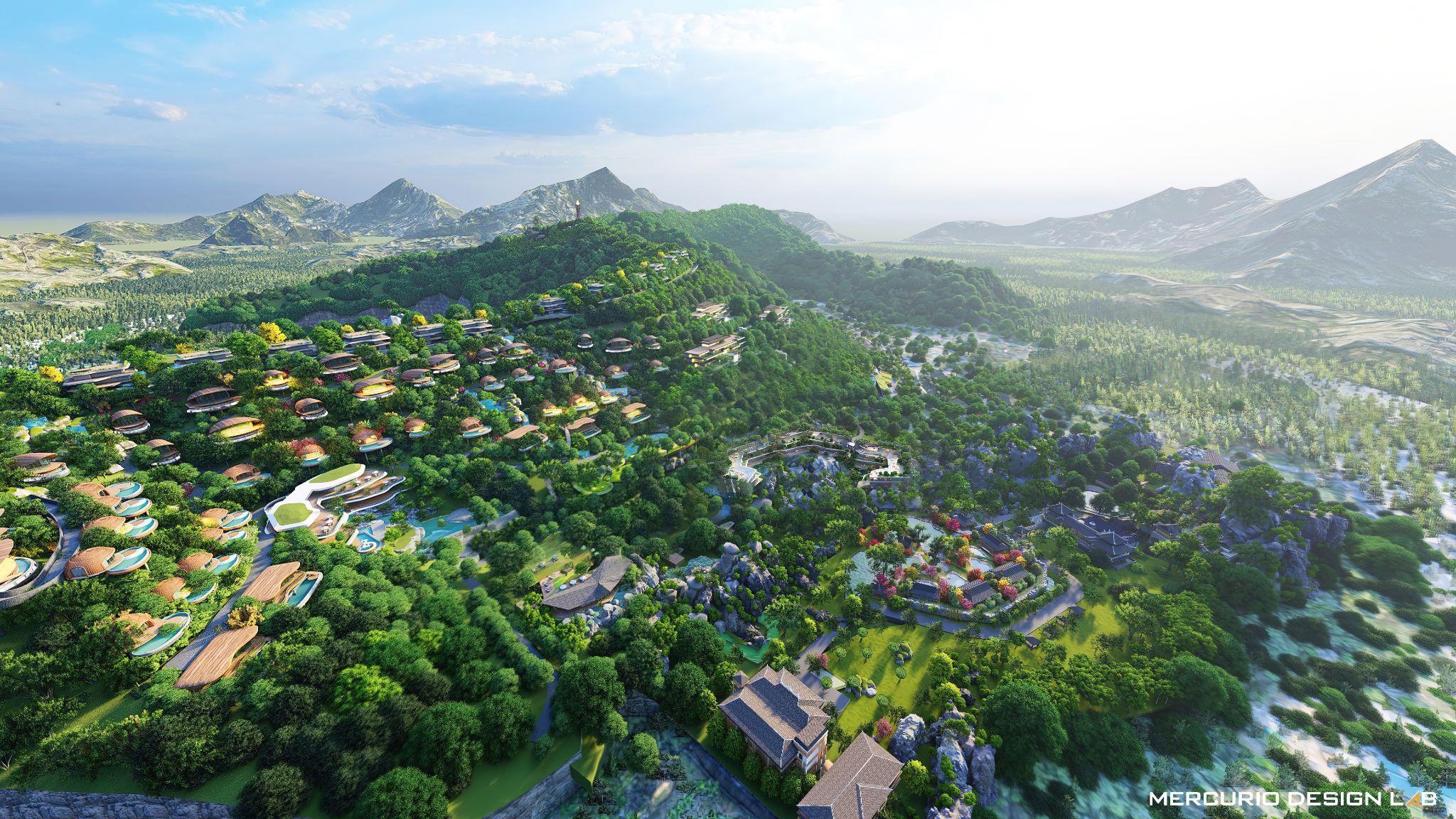 Architectural rendering of Chitta Retreat — an integrated wellness estate across 81 hectares.